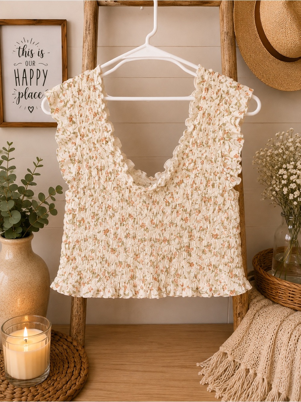 Smocked Floral Cream Tank Top with Ruffle Straps